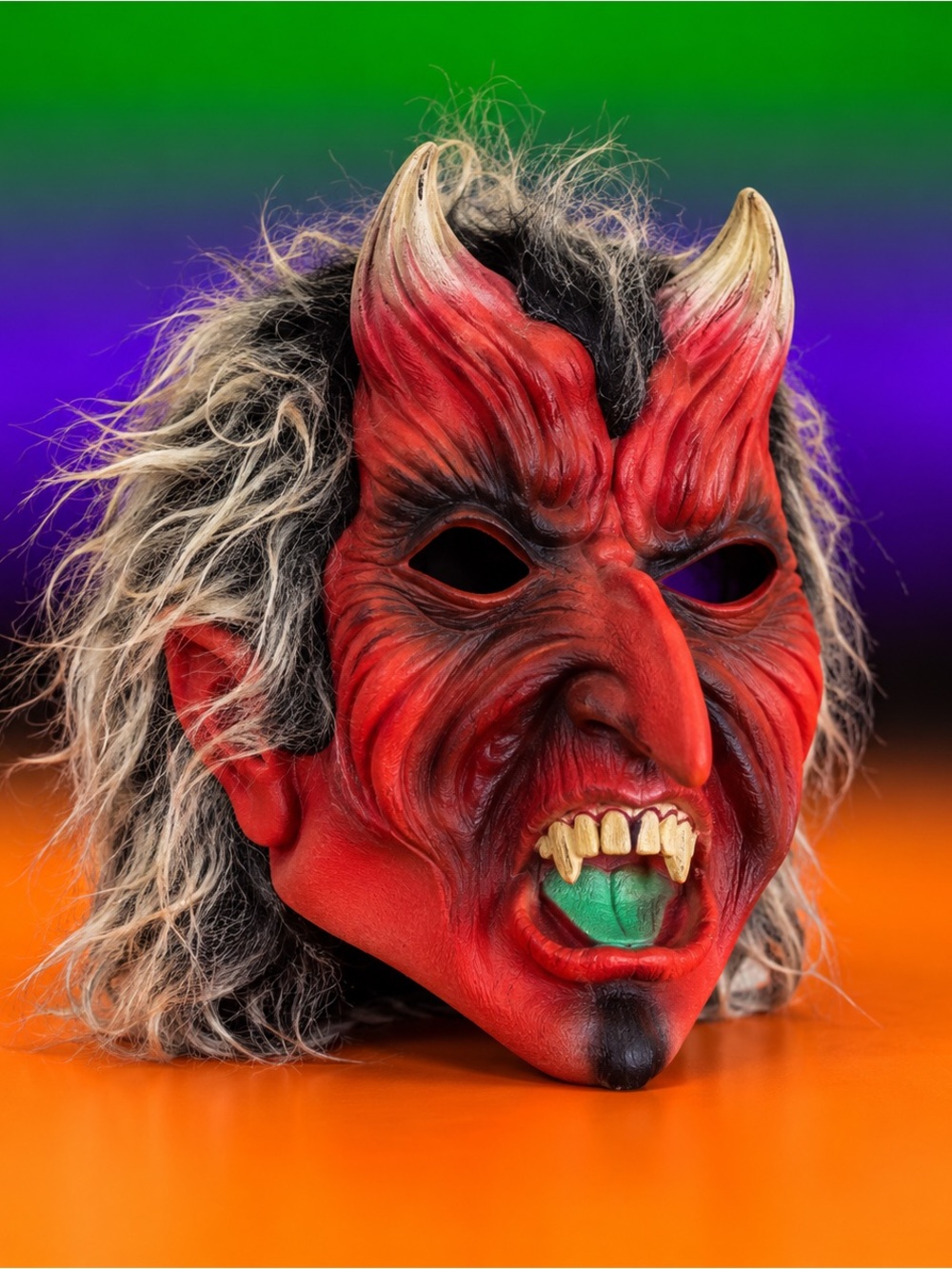 Red Devil Horror Mask with Hair